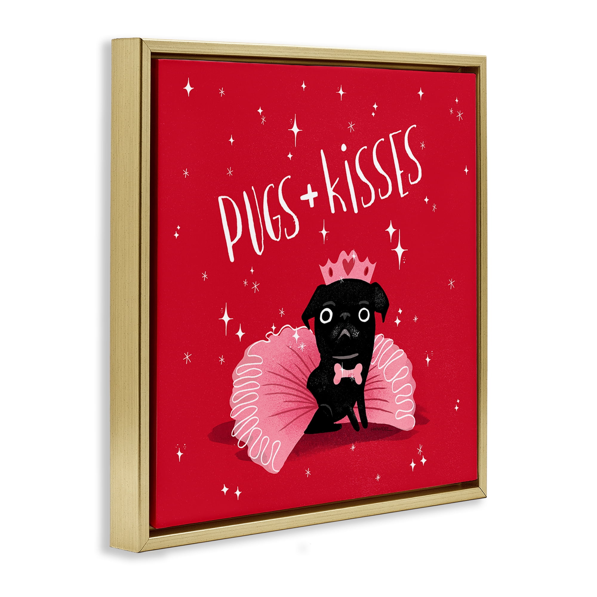 Stupell Industries Pugs & Kisses on Red Animals Painting Gold Floater Framed Canvas Art Print Wall Art, 18 x 18