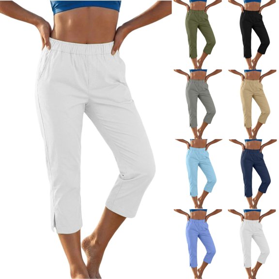 JOANKDMI Linen Capri Pants for Women No Drawstring Elastic Waisted Straight Leg Comfortable Side Slit Bottoms Summer Casual Vacation Beach Trousers with Pockets