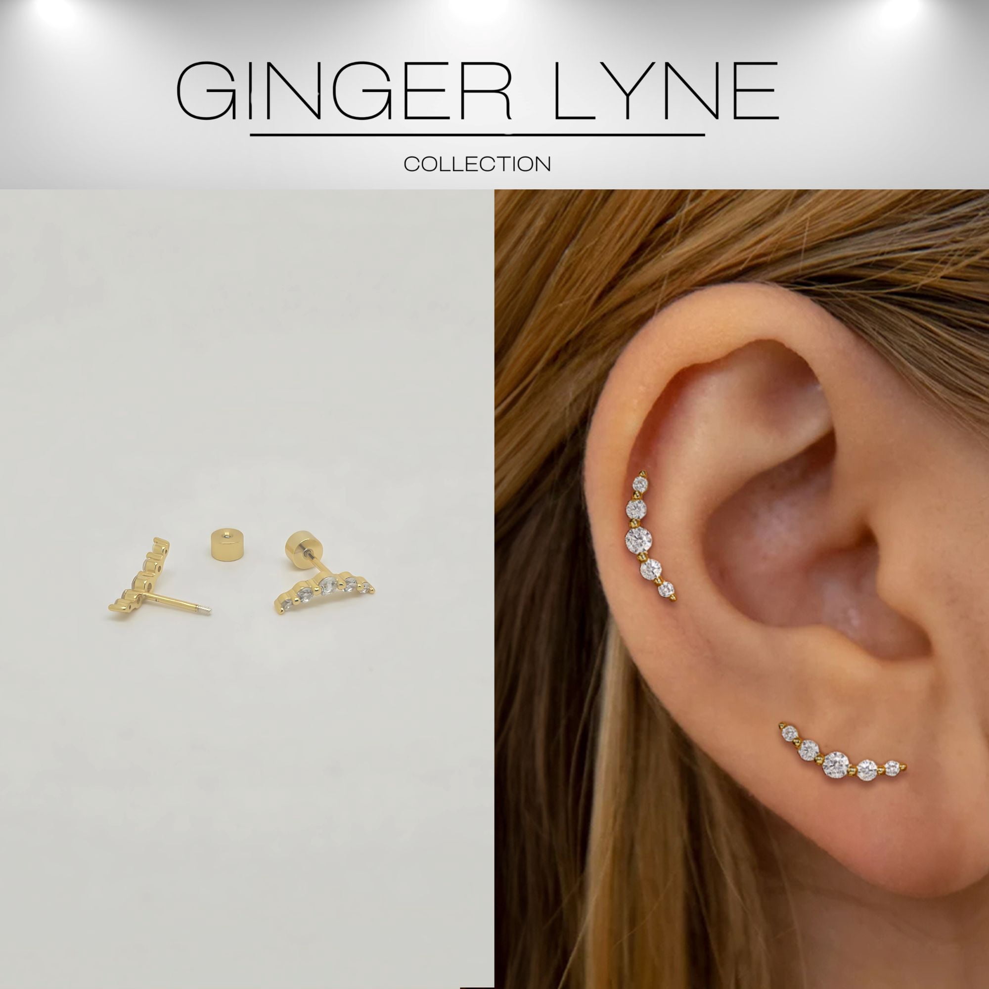 Graduated CZ Crawler Flat Back Earrings for Cartilage Helix Tragus Lobe Gold Plated Sterling Silver 1 pair by Ginger Lyne