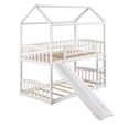 thumbnail image 3 of Twin Over Twin Bunk Bed with Slide, House Bed Low Twin Bunk Beds with Built-in Ladder, Low Bunkbeds Playhouse Farmhouse Roof Guardrail Ladder for Girls & Boys, No Box Spring Needed, White, 3 of 7