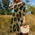 thumbnail image 4 of Golden Glitter Leopard Print Women's 3/4 Sleeve Dresses Elegant A-Line Midi Dress Flare Summer Casual Sundress, 4 of 9