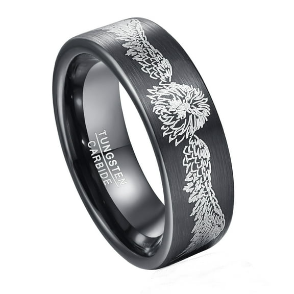 8mm Electroplating Black Tungsten Ring Laser Winged Lion Pattern