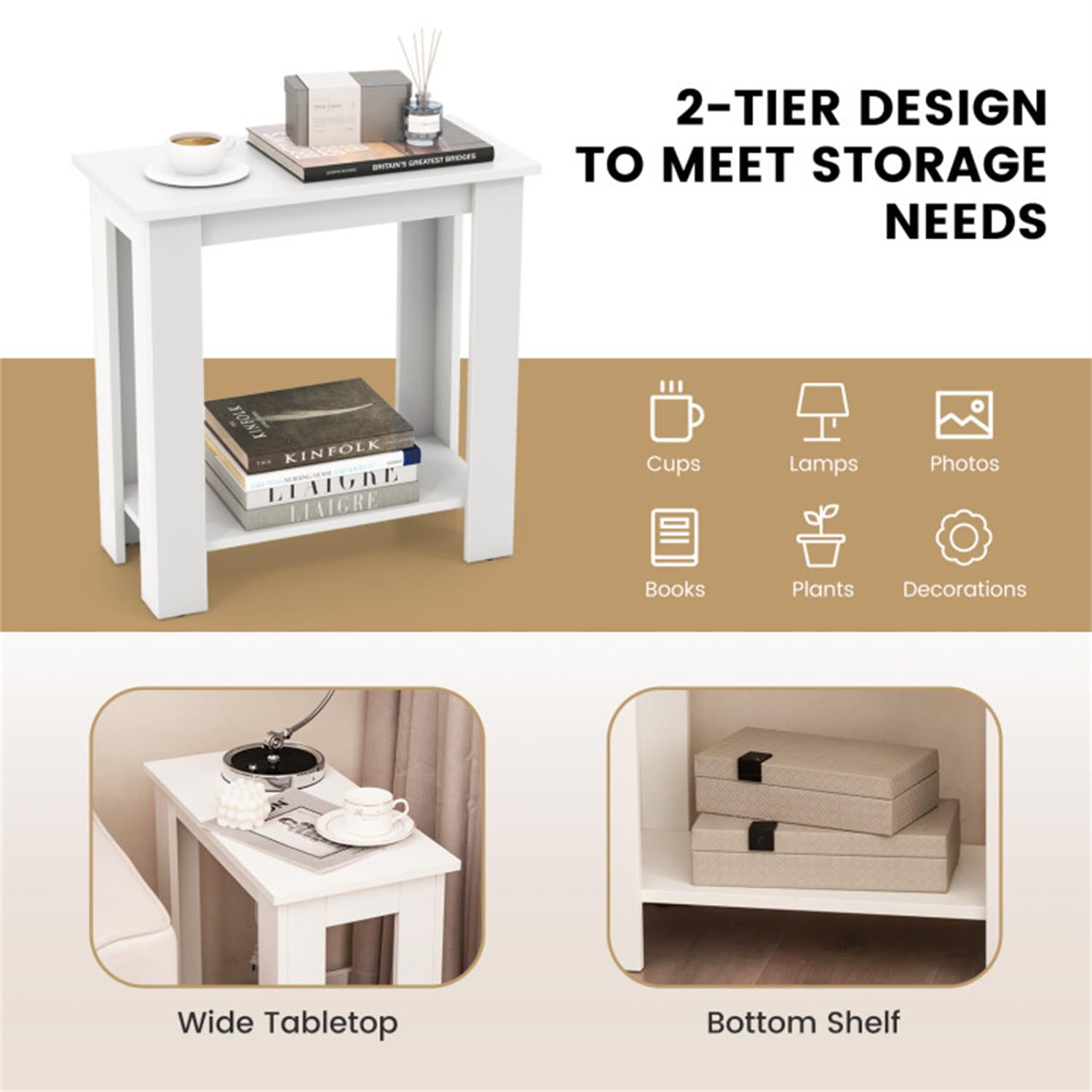 Demi Bonn 3-Piece Coffee Table Set with Storage Shelf, 36" Wooden Modern Coffee Table with Storage Shelf & Set of 2 Modern Compact End Table for Living Room, White