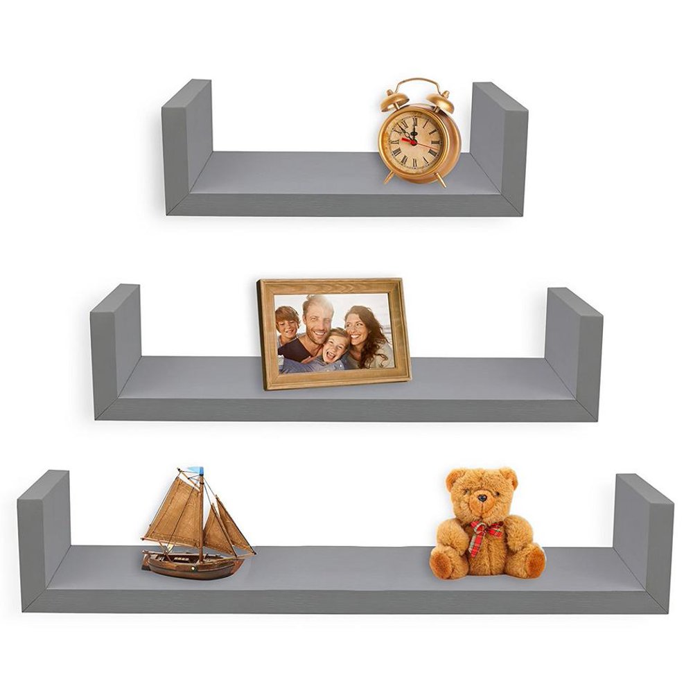 Greenco Set of 3 Floating U Shelves, Gray Finish