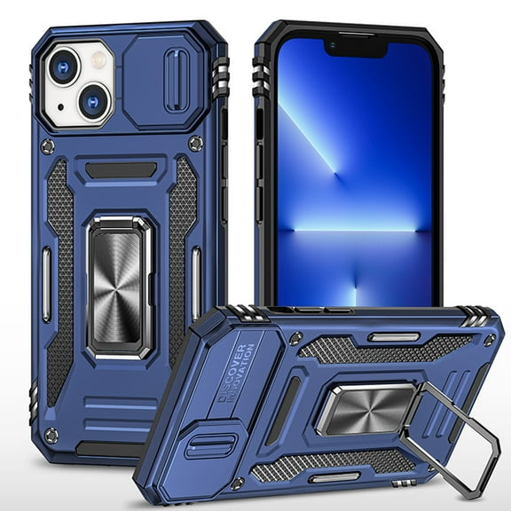 Military Grade Ring Holder Case with Camera Lens Cover for iPhone 14 - Blue