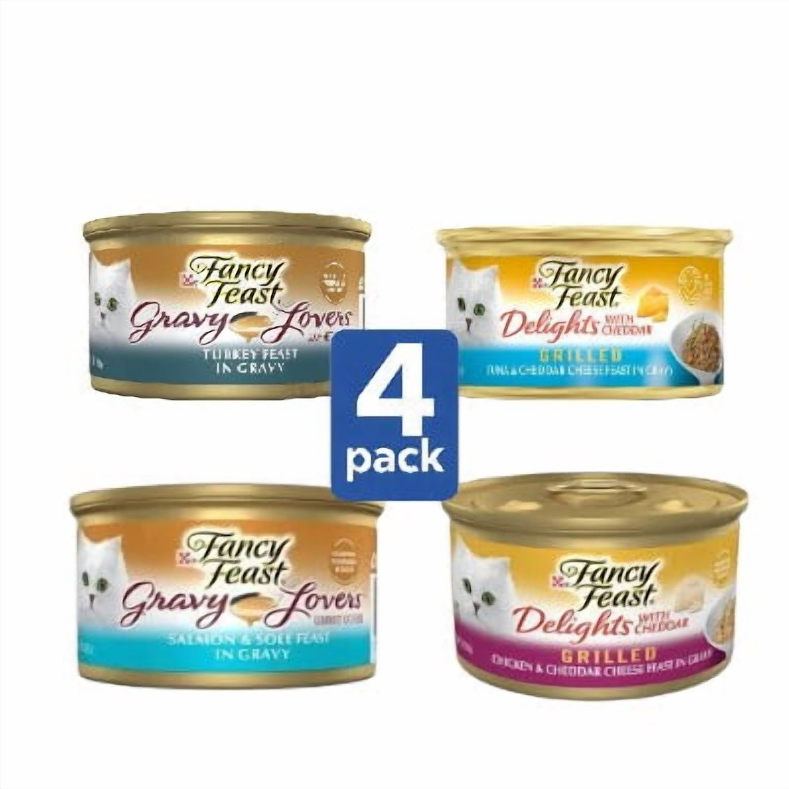 (2 pack) Fancy Feast Cat Food Variety Pack 4 Pack, 3 oz Cans, Gravy Lovers & Delights Grilled Recipes, Gourmet Wet Cat Food Assortment