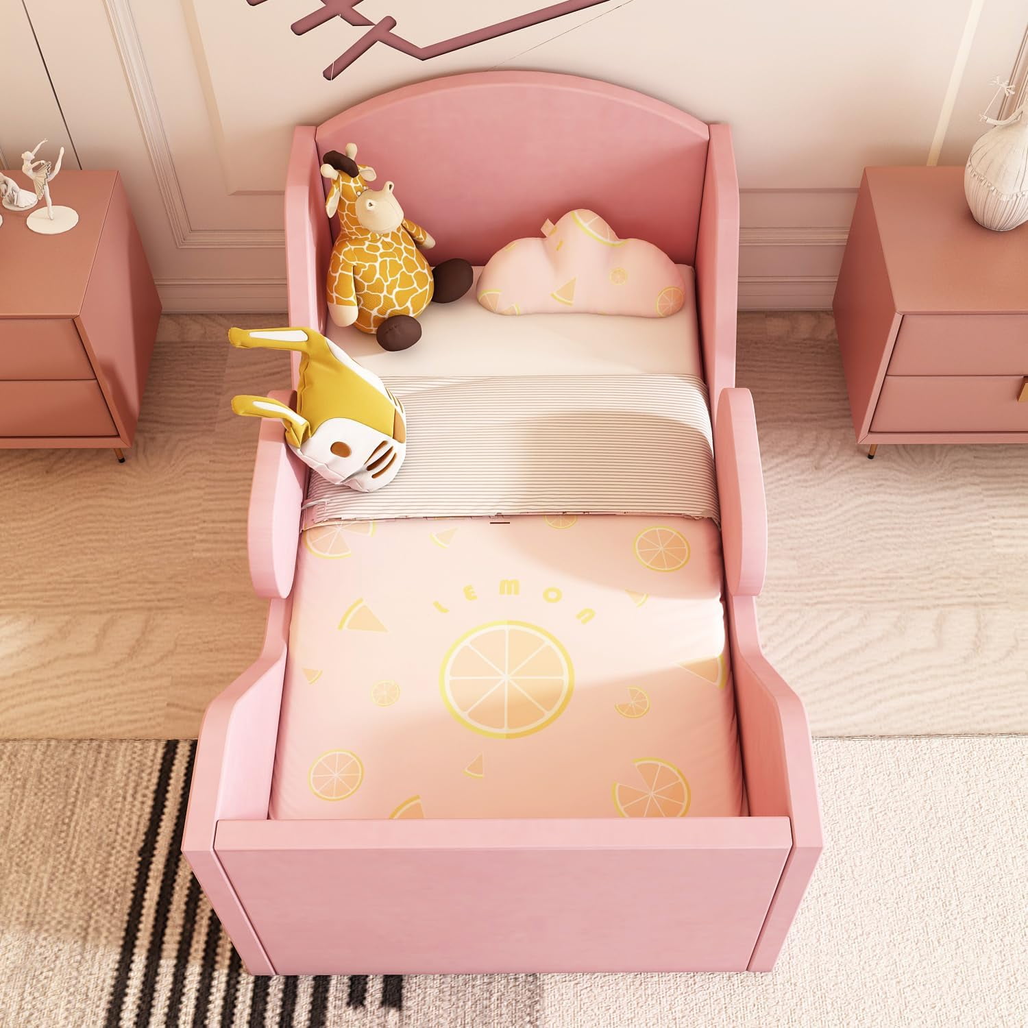 Weeonekids Toddler Bed Round, Toddler Bed with Rail and Round headboard, Standard Crib Size Toddler Upholstered Bed for Children 18 Months to 6 Years,Toddler Floor Bed (No Mattress)