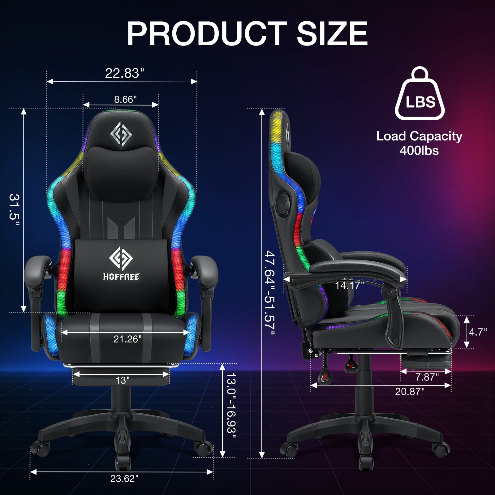 HOFFREE Massage Gaming Chair with Speakers, Leather Game Chair with Bluetooth and Music Rhythm RGB Lights, Big and Tall Gamer Chair with Footrest for Adults, Ergonomic Video Game Chair with Headrest