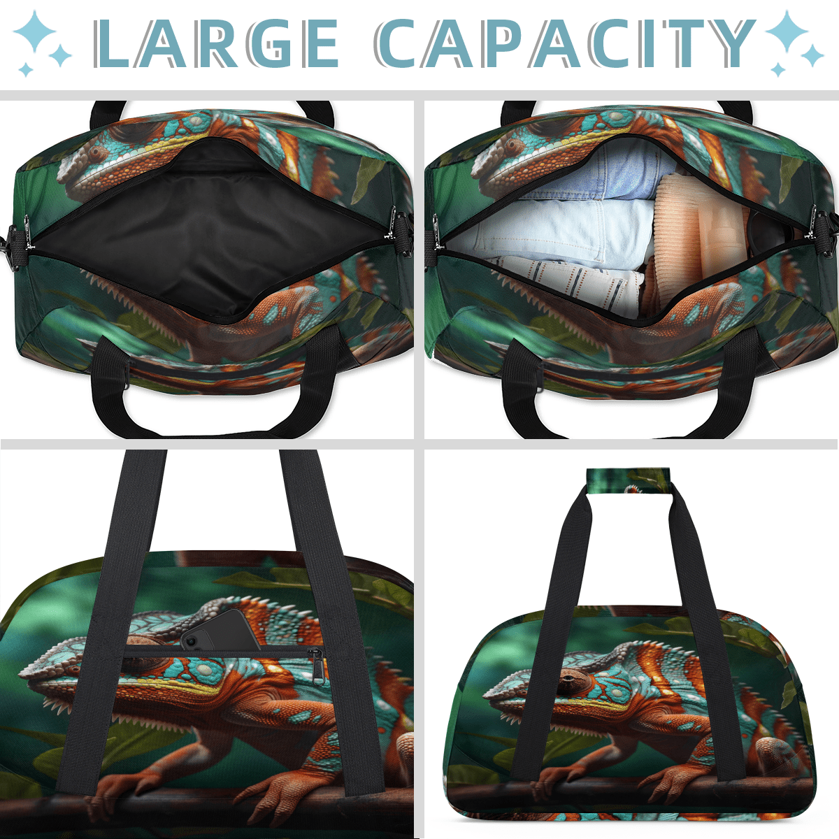 Herdesigns Sports Duffle Bags Travel Duffle Bag Gym Bag Jungle Lizard Weekender Travel Bag Waterproof Overnight Bag Carry On Travel Tote Bag Dance Bags