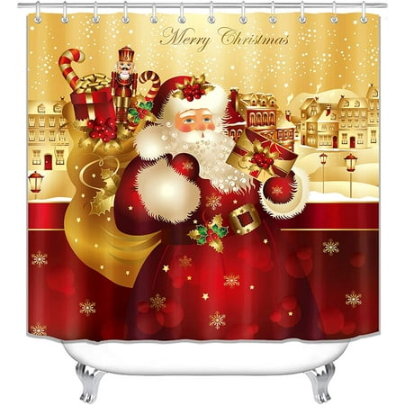 Newhomestyle Red Christmas Santa Claus Polyester Shower Curtain for Winter Holiday Bathroom 72"x72"