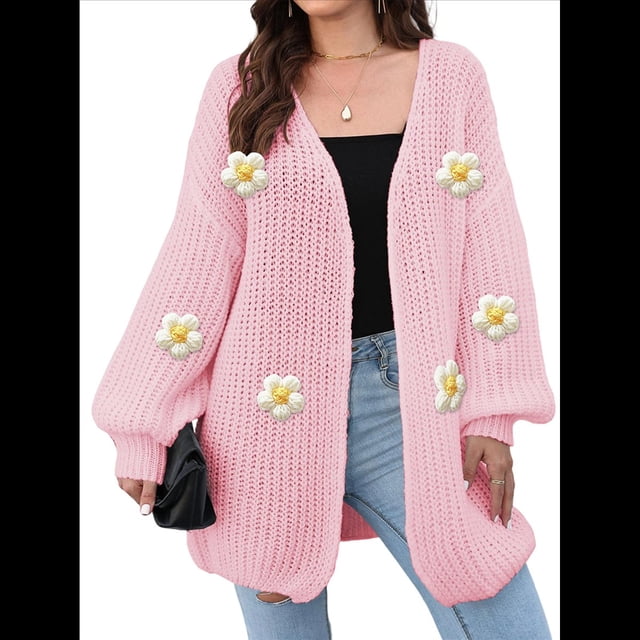 Suéteres Femeninos con Cuello en V, Larga, Estampado Floral, de Punto Abierto, Sin Botones, de Moda, para Exteriores. Rosa Talla Única