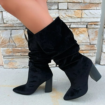 

Retro Women Suqare Heels Slip-On Solid Color Middle Tube Booties Round Toe Shoes