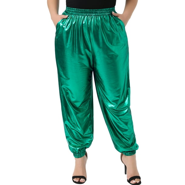 Pantalones Jogger de Talla Grande para Mujeres Agnes Orinda Metálicos Brillantes de Cintura Alta Elásticos Holográficos 4X Verde