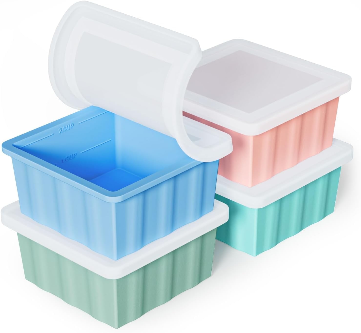 TINANA Silicone Freezer Tray with Lid 4 Pack, 2 Cup Freezing Food Molds, Make Perfect Soups, Extra Large Ice Cubes for Meal Prep, Sauces, Soups, Stews, Broths, Oven and Dishwasher Safe-Green