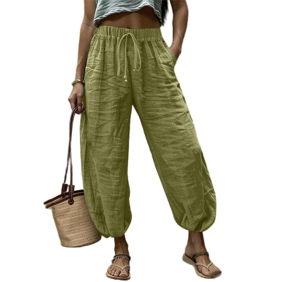 Ayolanni Pants for Women Solid Straight Lightweight High Waist Jogger Pants Cotton Linen Green Drawstring Cropped Casual Trousers with Pockets L