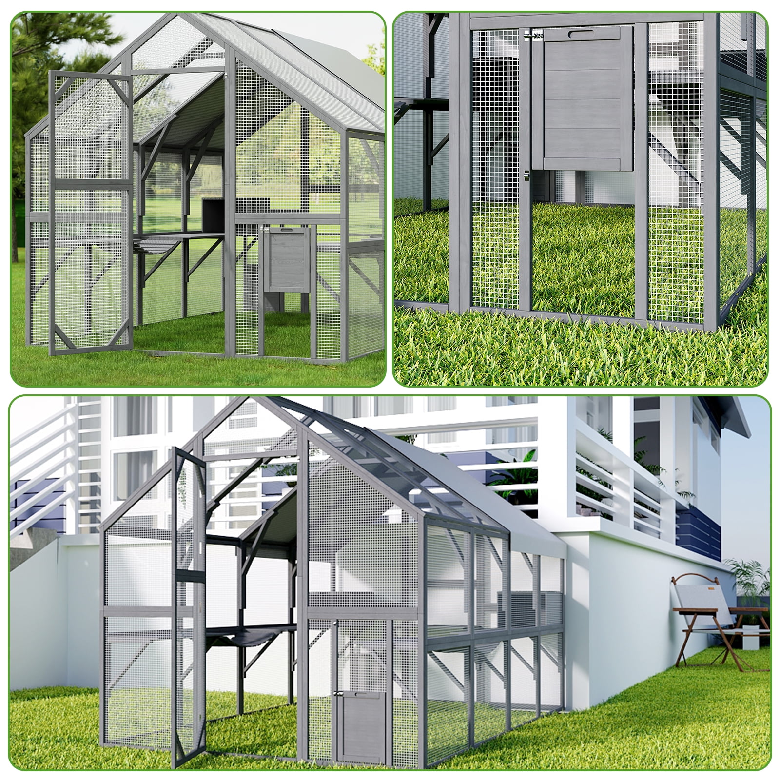 NARTRU 57.2ft² Large Wooden Outdoor Cat House, Cat Run Enclosure Walk in Cat Catio Cage with Enter Door, 2 Cat Doors, Roof Cover