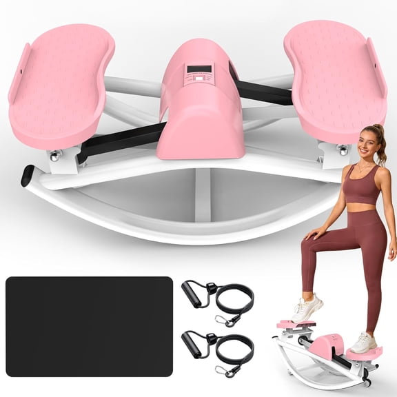 Rock Lateral Stepper Machine for Home Workout with Resistance Bands, LCD Monitor, Adjustable Height, Low Impact Cardio, Glute Toner, Includes Anti-Slip Mat, Quiet Rocking Motion
