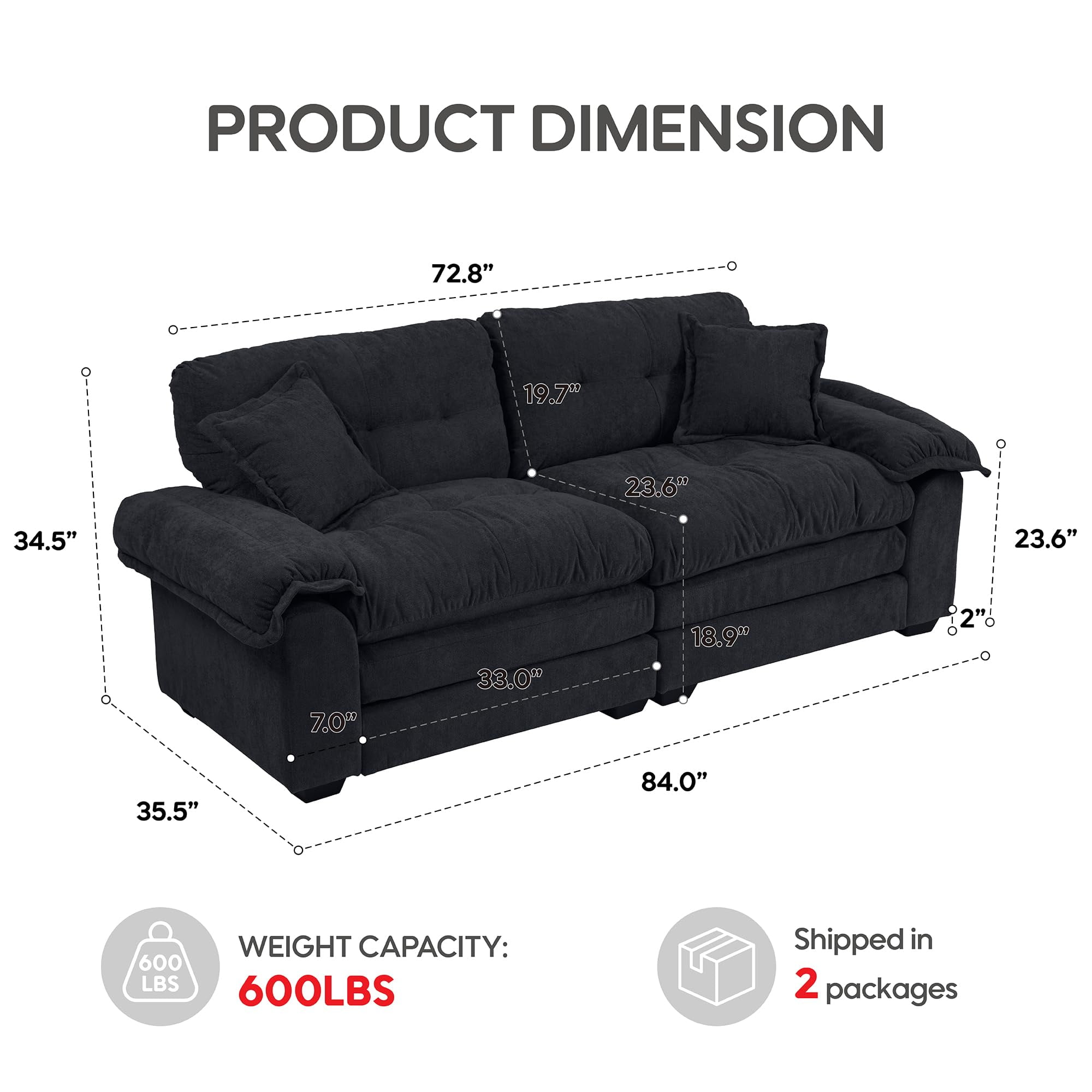 Modern 84" Chenille Loveseat Sofa, Ultra-Comfy Upholstered Couch with 2 Pillows for Apartment, Living Room, Bedroom, or Home Office​​ (Black)