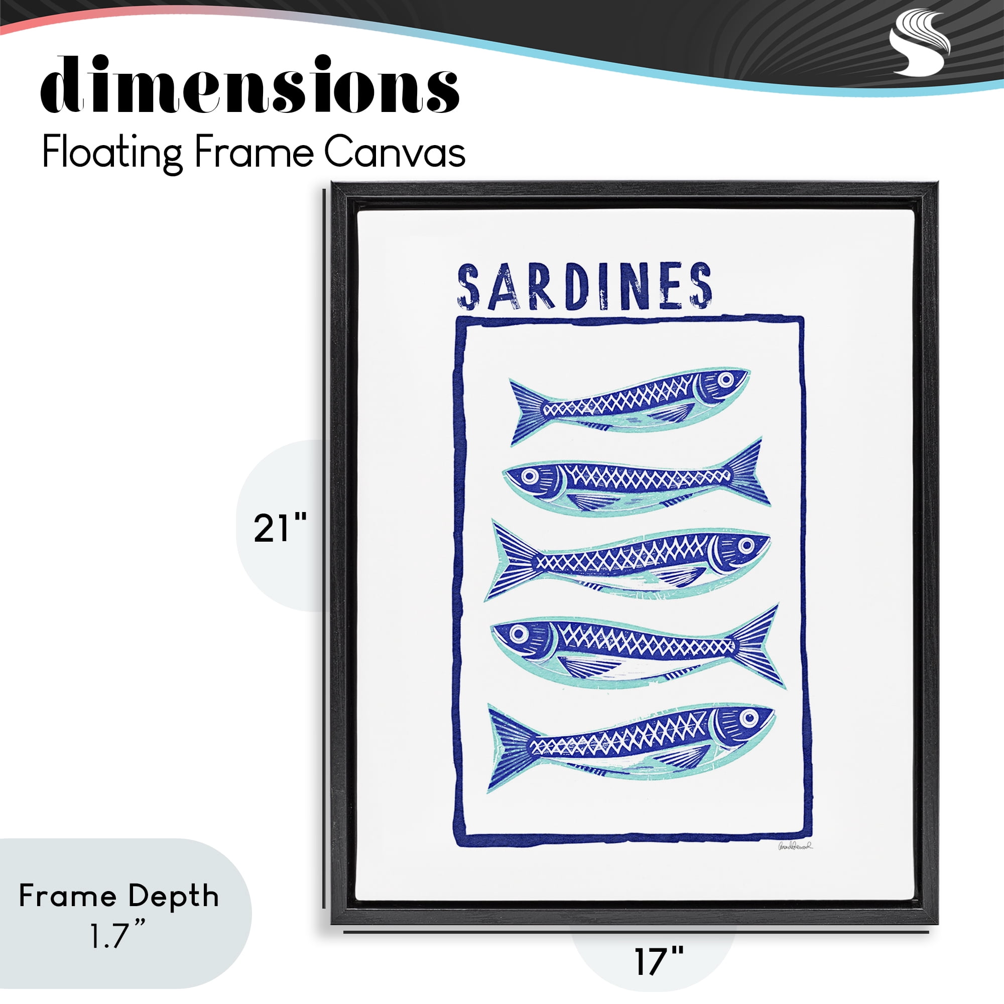 Stupell Industries Blocked Sardines Pattern Black Framed Floater Canvas Wall Art, design by Amanda Greenwood