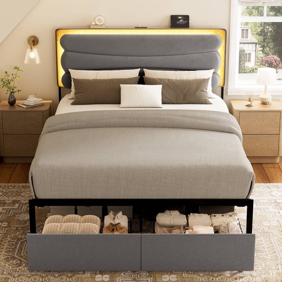 GUNAITO Queen Size Bed Frame with 2 Drawers, Upholstered Platform Bed with Charging Station and Adjustable Headboard, Grey