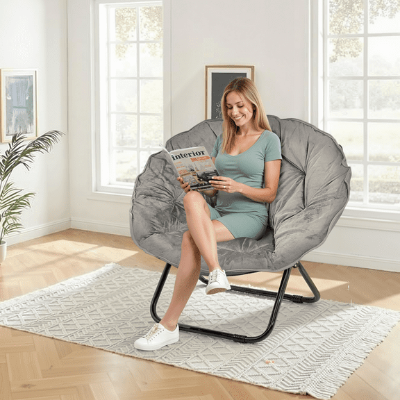 Gaildon Foldable Moon Saucer Chair with Mental Frame, Grey