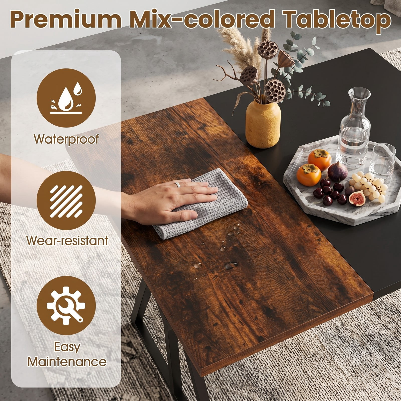 Furnibear 5 Piece Industrial Dining Set with Rectangular Table 2 Benches and 2 Stools for Kitchen Dining Room and Small Apartments, Rustic Brown