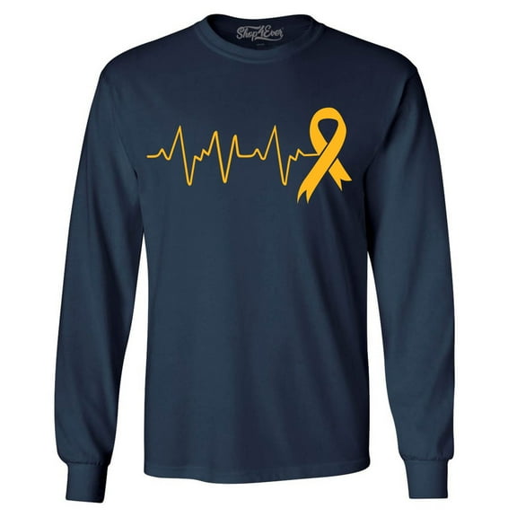 Shop4Ever Men's Heartbeat Gold Ribbon Long Sleeve Shirt XXX-Large Navy