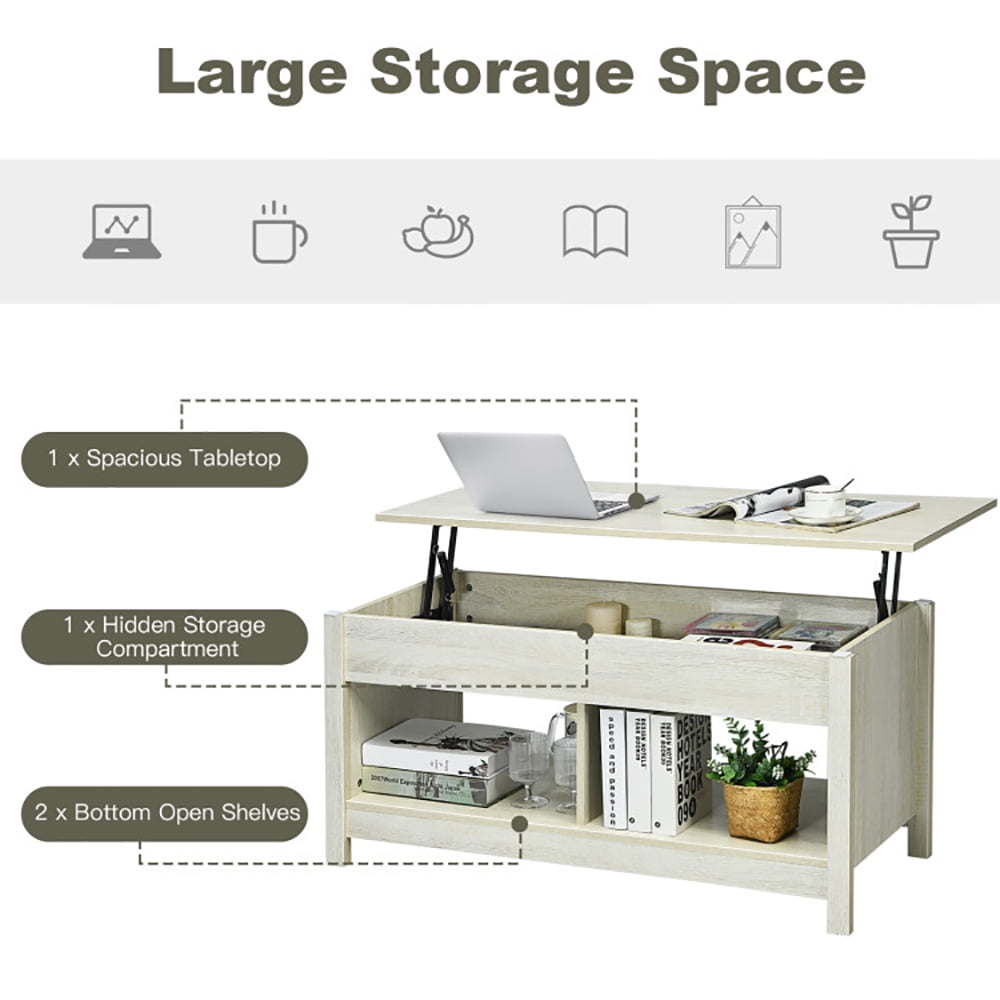 Finihen Coffee Table, Lift Top Coffee Table with Hidden Storage Compartment and Lower Shelf, for Study Room, White Finihen Coffee Table, Lift Top Coffee Table with Hidden Storage Compartment and Lower Shelf, for Study Room, White