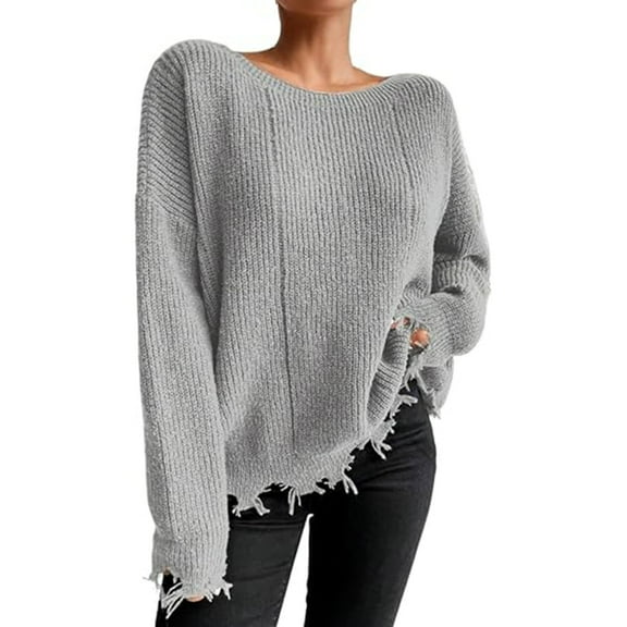 Htigea Sweaters for Women Distressed Frayed Hem Tops Casual Crew Neck Long Sleeve Loose Fit Pullover Sweater Gray S