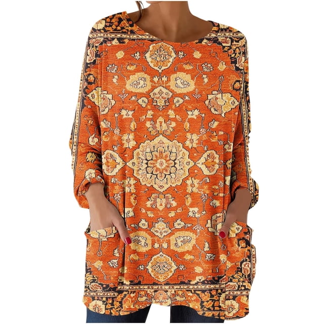 Craaazy Chemises Thermiques pour Femmes Col Rond Imprimés Rétro Manches Longues Vêtements Amples avec Poches Cadeaux