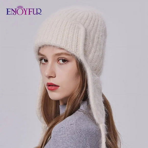 ENJOYFUR Women Winter Angora Earflaps Hat Warm Fluffy Angora Rabbit Fur Knit Hat Female Thick Fleece Lined Russian Trapper Hat