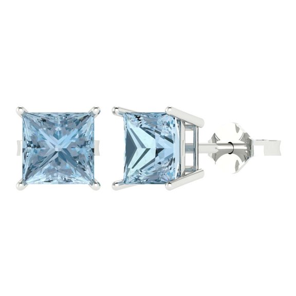 4 ct Push-Back Stud Earrings for Women | 7.0mm Princess Cut Natural Sky Blue Topaz | 18K White Gold