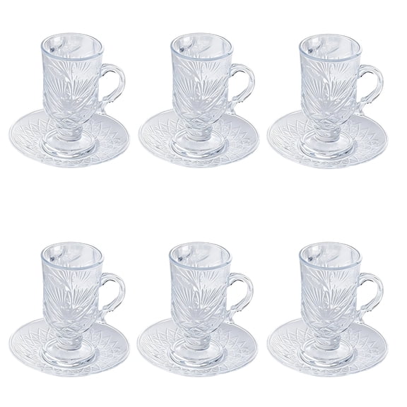 6 Pcs Crystal Glass Tea Cup and Saucer Sets, Diamond Design Latte Glasses, Elegant European Style Footed Turkish Glass Tea Cups with Handle, Heat-Resistant, for Coffee, Juice, Wedding, Party
