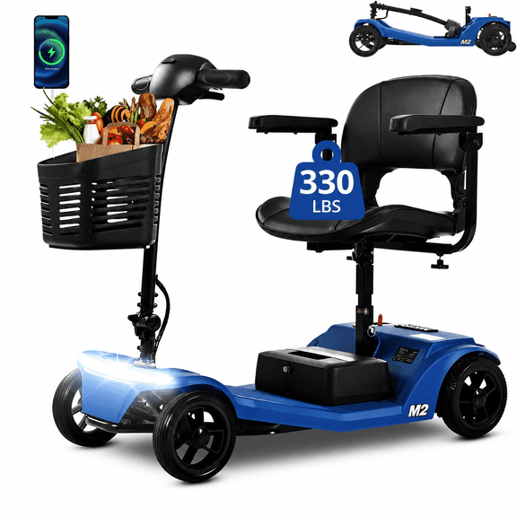 ENYOPRO Mobility Scooters for Seniors, 4 Wheel Foldable Electric Wheelchair Device with Bright Headlights USB Port, 330 lbs Capacity, Blue
