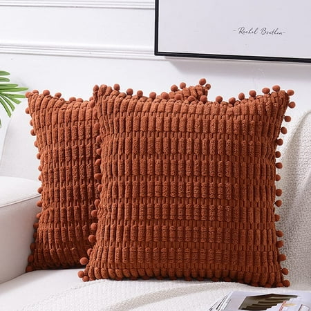 

Fancy Homi 2 Packs Rust Decorative Throw Pillow Covers 16x16 inch with Pom-poms for Couch Bed Living Room Farmhouse Boho Home Decor Terracotta Soft Corduroy Cute Square Cushion Case 16x16