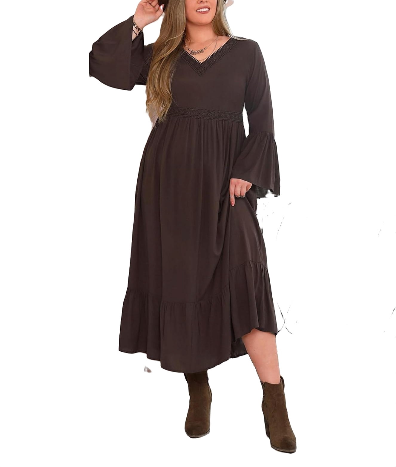 Dark Green Boho Plain V neck A Line Long Sleeve Plus Size Dresses (Women's  Plus) - Walmart.com