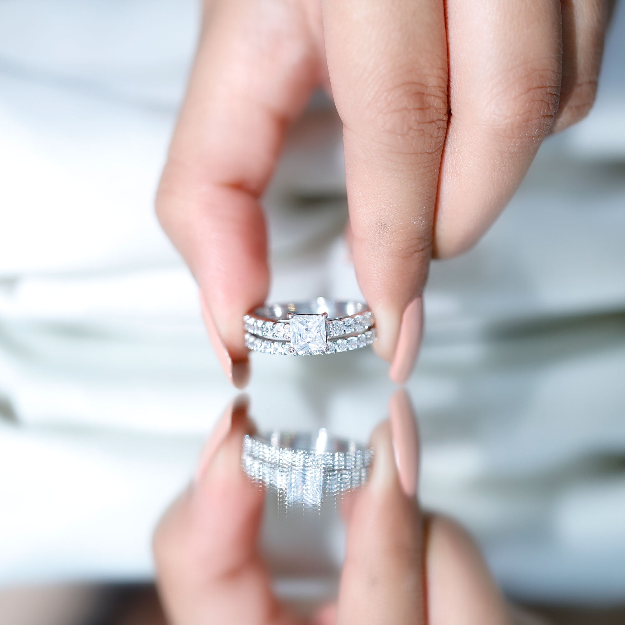 Rosec Jewels Cubic Zirconia Wedding Ring Set for Bride - 1 Carat Princess Cut Engagement Ring with Enhancer - Jewelry Box Included, 10K White Gold, US 13.00