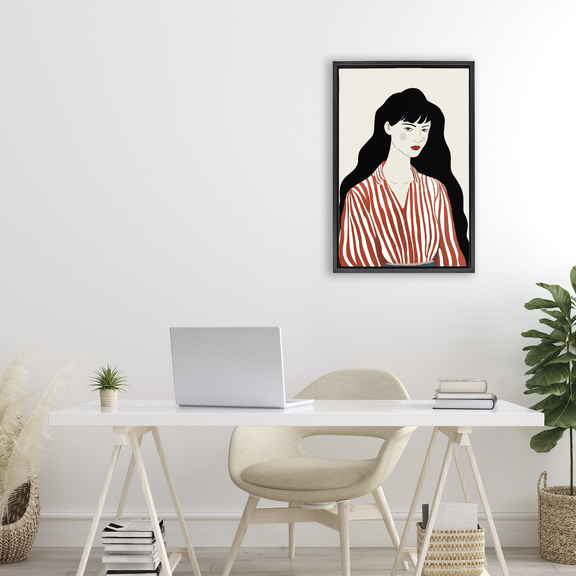 Stupell Industries Woman in Striped Blouse Black Framed Floater Canvas Wall Art, design by Omar Escalante