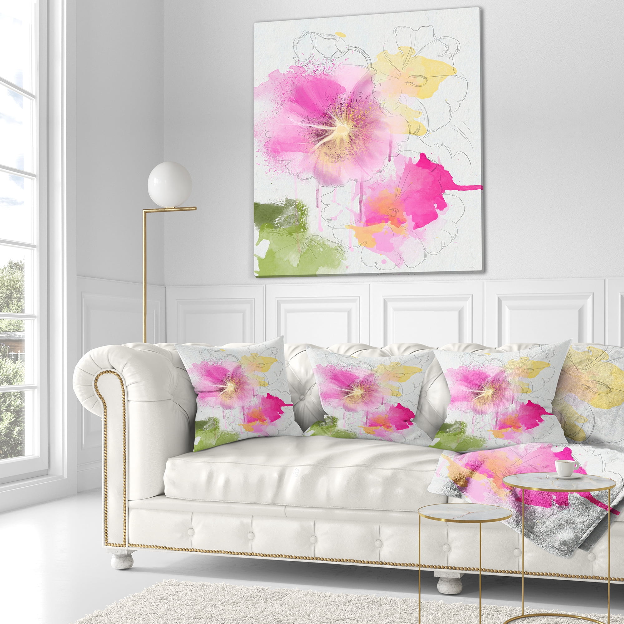 Designart Light Pink Flowers Watercolor - Floral Throw Pillow - 18x18