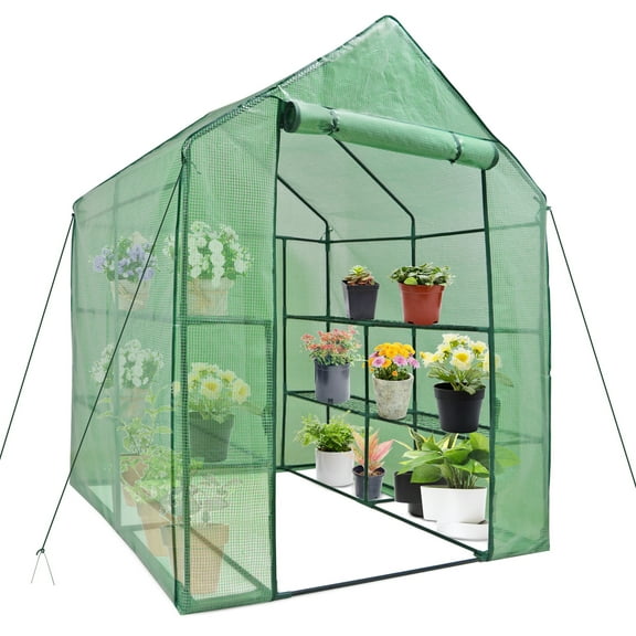 AIZYT  Mini Walk-in Greenhouse with PE Cover and Roll-up Door, Portable Warm House for Plants Flower Seedling Growing, Indoor Outdoor Green House 4.7x4.7x6.4 FT