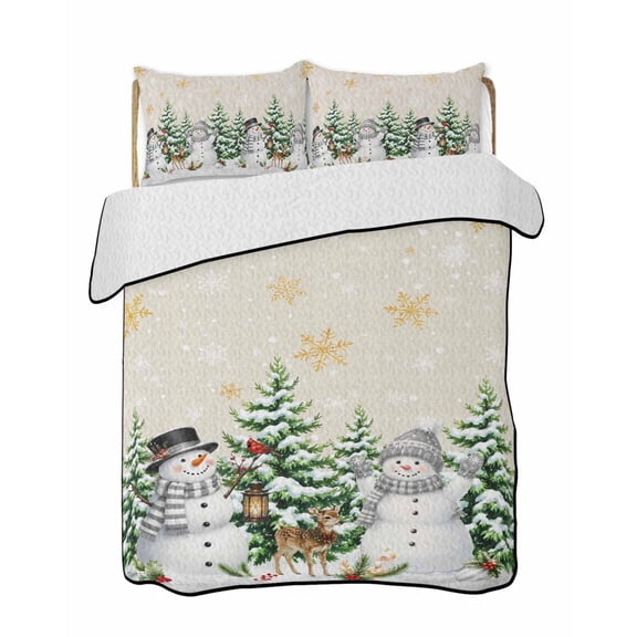 Quilt King Size Bedding Set, Christmas Snowflakes Reversible Summer Quilt 3 Pieces, Winter Xmas Snowman Pine Trees Beige Lightweight Bedspreads Coverlets with 2 Pillow Shams for All Seasons