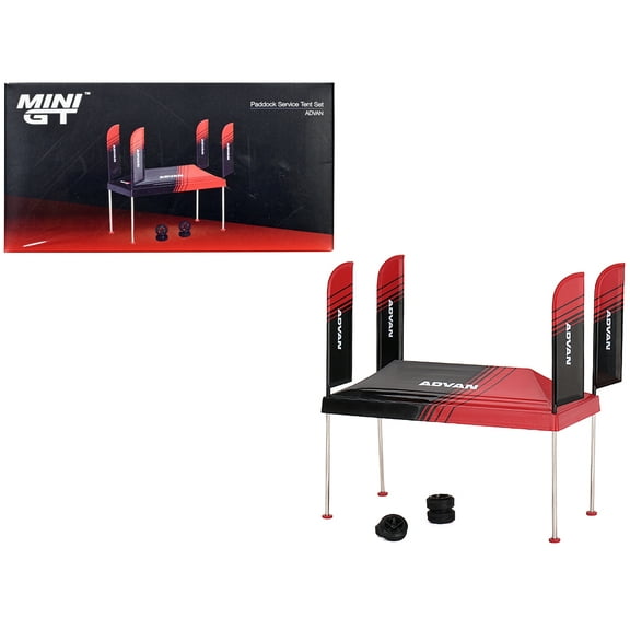 Paddock Service Tent Set with Extra Wheels Red and Black "ADVAN" for 1/64 Scale Models by Mini GT