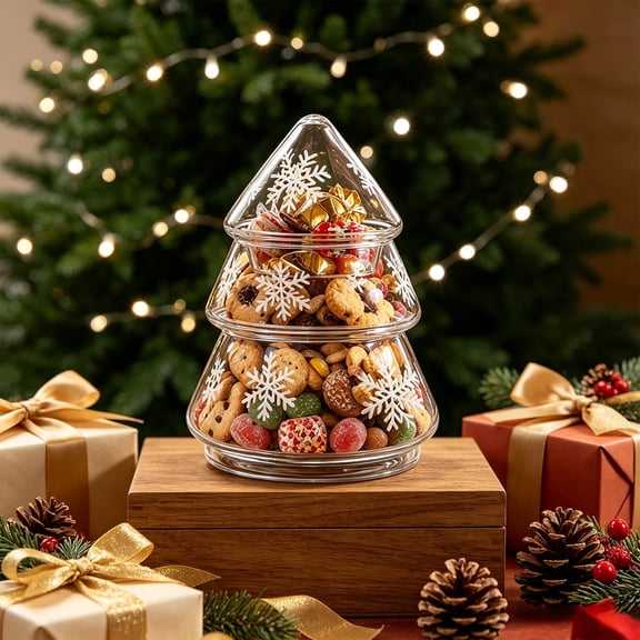 Christmas Snowflake Glass Tree Candy Jar, Small Tree Shaped Storage Container with Lid and Snowflake Detailing, Kitchen Counter Dining Table Shelf and Seasonal Treat Storage Accent