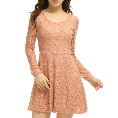 Women Scoop Neck Long Sleeves Lace Mini Skater Dress Pink S | Walmart ...