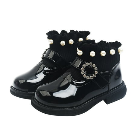 

〖CFXNMZGR〗Girls Boots Children S Girls Pearl Lace Warm Cotton Boots Zipper Kids Leather Shoes Princess Ankle Boots