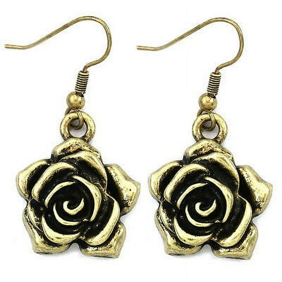 Antique Style Rose Flower Dangle Earrings Brass Bronze Tone Fashion Jewelry a1