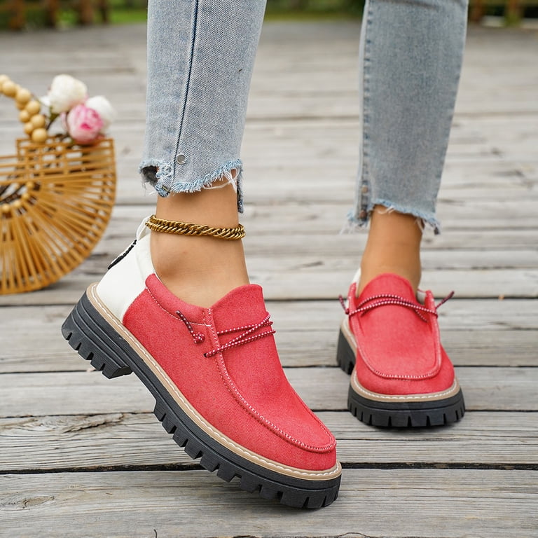Mostsola Loafers for Women Color Block Splice Leather Lace up Boat Shoes Lug Sole Chunky Heel Casual Slip on Dress Shoes Red Size 7.5, Women's