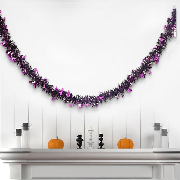 Wadada Halloween Tinsel Shiny Garland, Chunky Glittering Tinsel Garland, 6.6Ft Pumpkin Metallic Tinsel Hanging Ornament Decoration for Halloween Party Supplies (Purple)