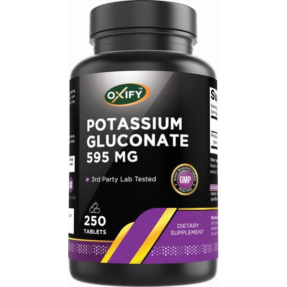 Oxify Potassium Gluconate 595 mg | 250 Tablets | Gluten-Free, Non-GMO | Supplement Made in USA