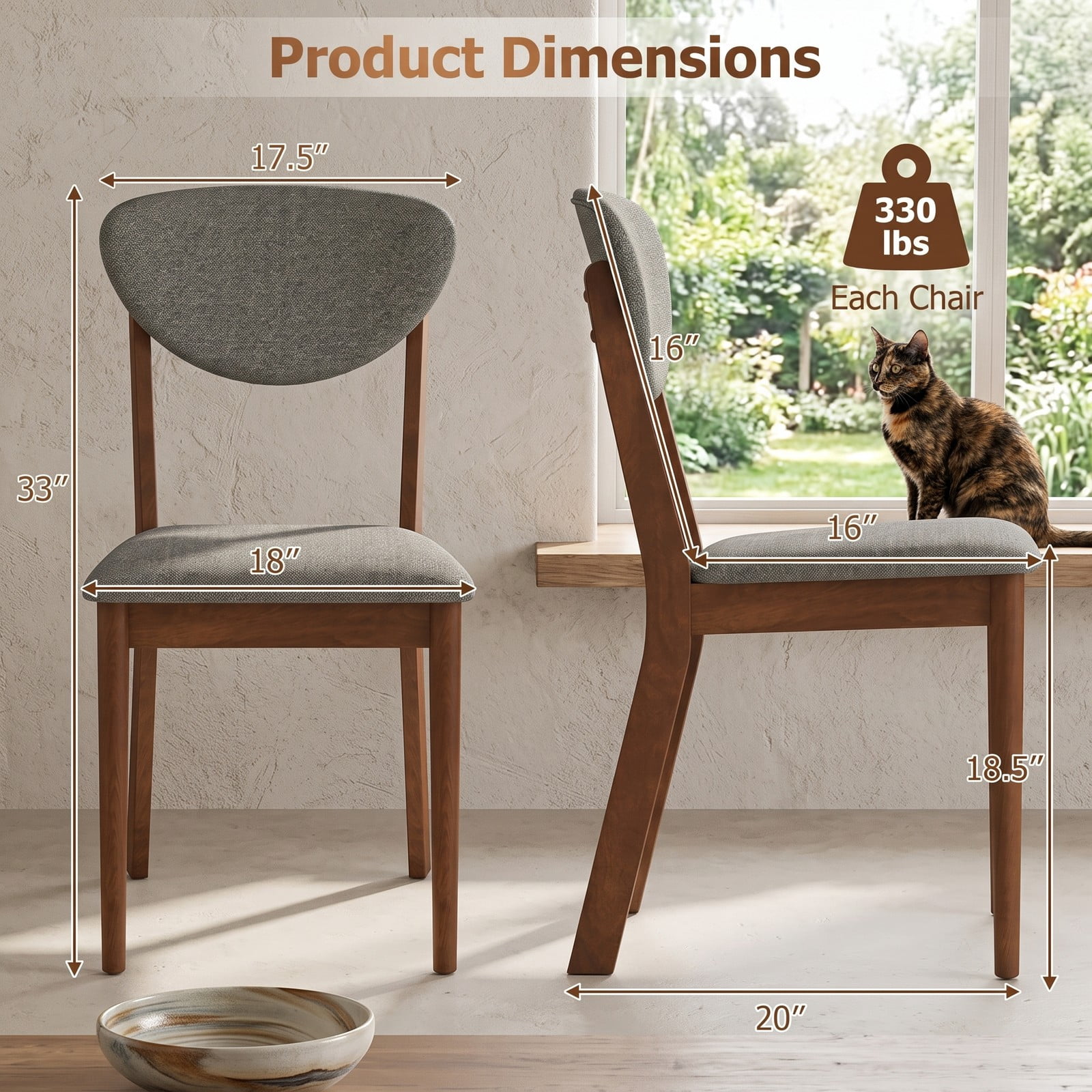 Furnibear Wooden Dining Chairs Set of 4, Upholstered Side Chairs with Cushioned Linen Seat and Curved Backrest, Solid Rubber Wood Frame, 330 lbs Capacity for, Gray